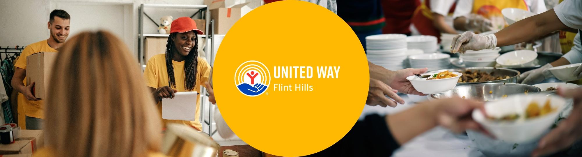 Volunteers helping out and United Way of the Flint Hills logo