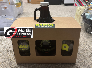 Radius gift basket and Mr. G's Express Car Wash logo