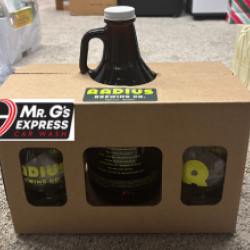 Radius gift basket and Mr. G's Express Car Wash logo