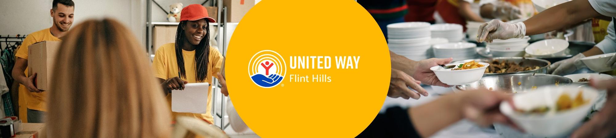 Volunteers helping out and United Way of the Flint Hills logo